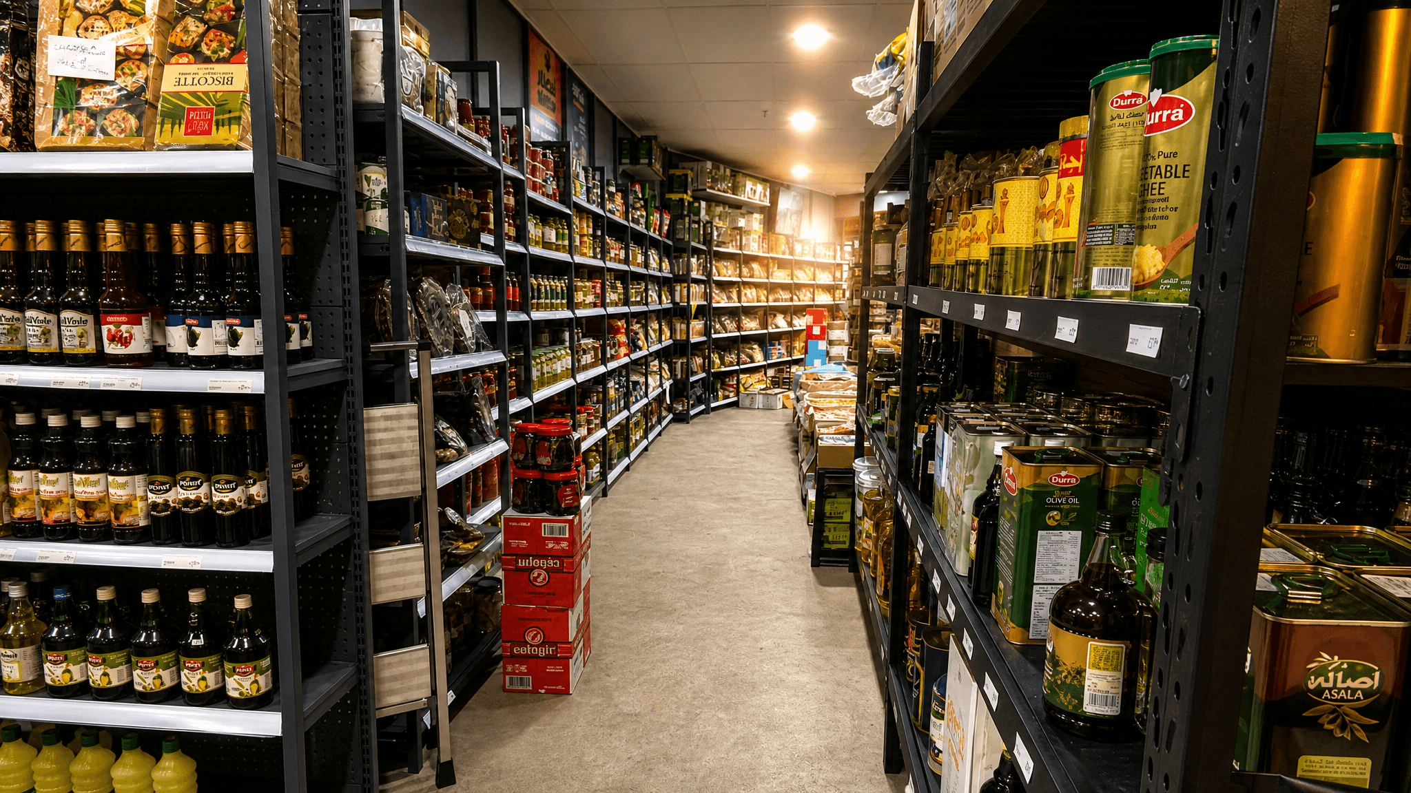 Grocery aisle with oils and condiments