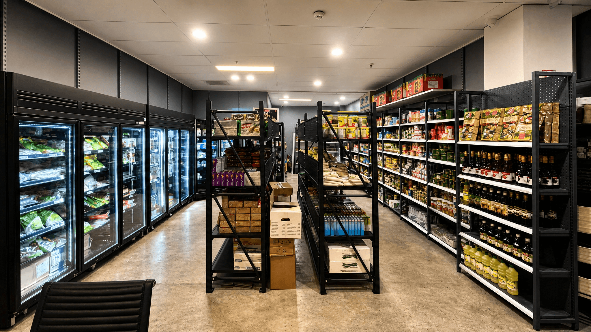 Store interior showing refrigerated section and shelving