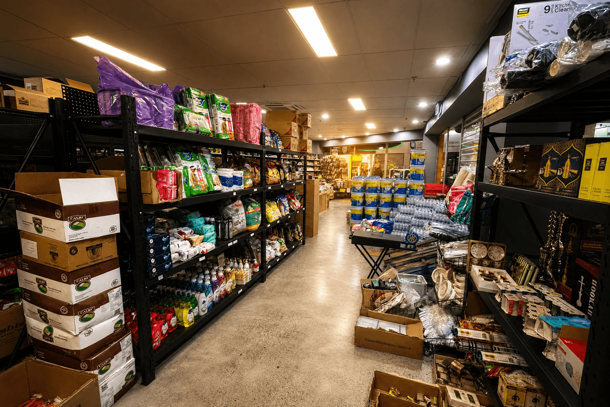 Aisle with a wide variety of goods inside Green Valley Supermarket